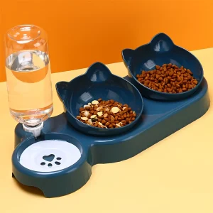 Gamelle 3-en-1 avec distributeur d’eau automatique et bols inclinés pour chats – confort et hydratation assurés
